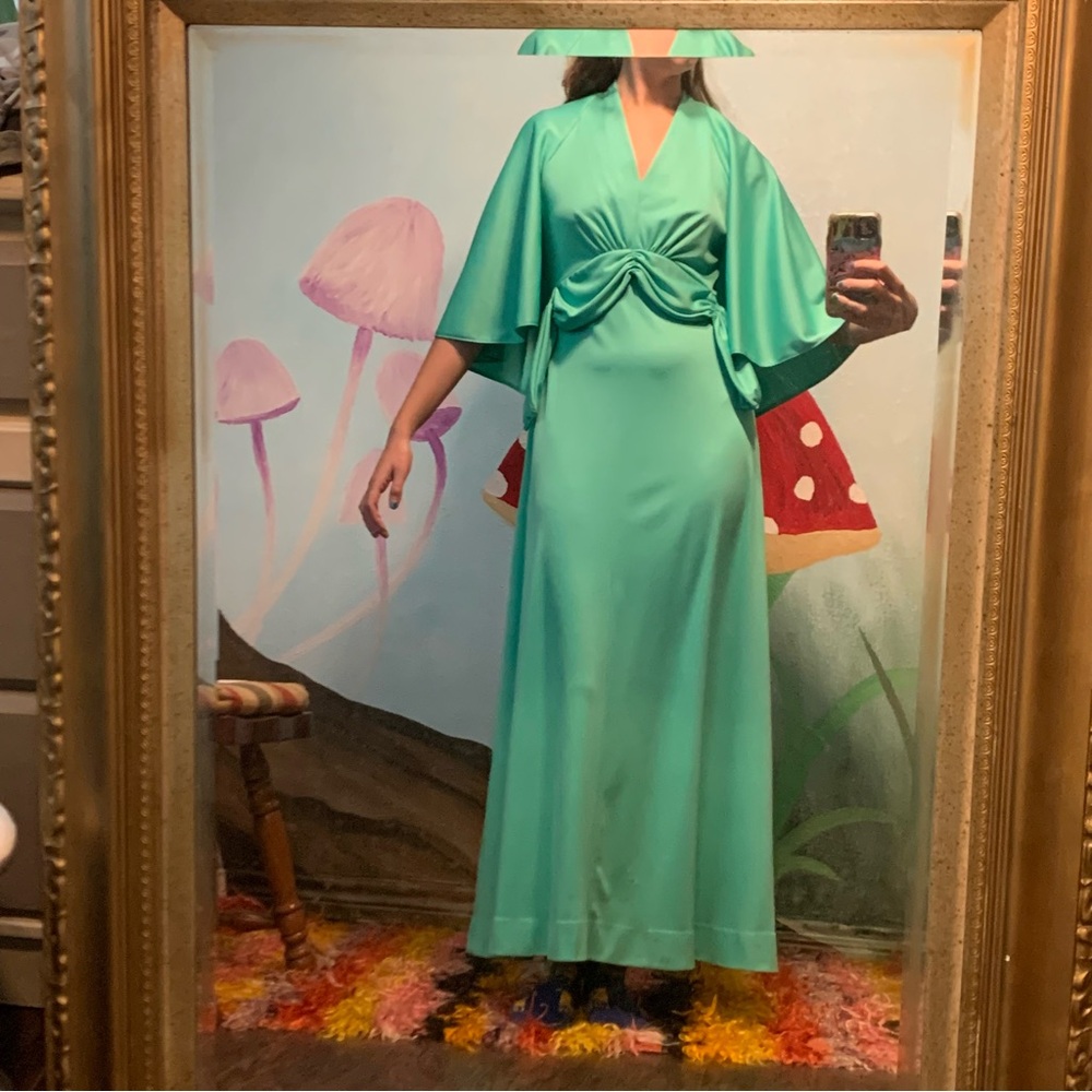 60’s 70’s Fairy Core Maxi Full Length Dress Turquoise Wing Sleeves cocktail